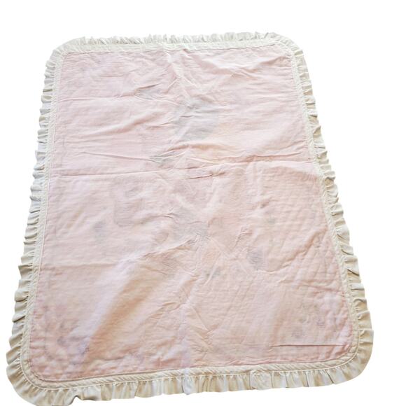 Vintage Quilted Embroidered Kitschy Baby Blanket 42x33" Pastels Bunnies Cottage - Picture 2 of 6